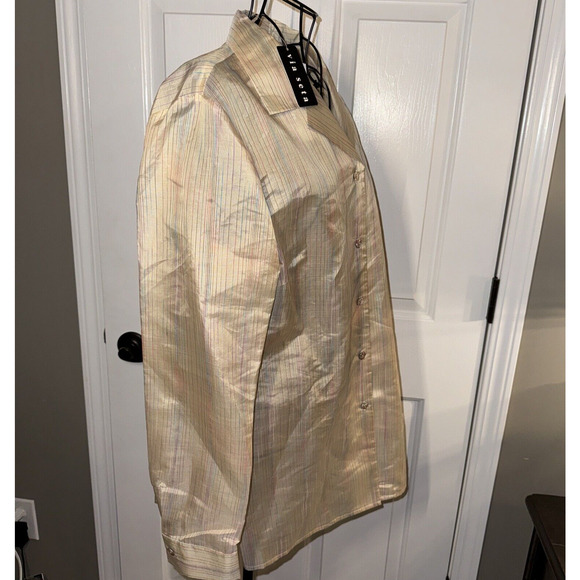 Via Seta Womens Silk Linen Shirt Dress SZ 14 Beige Multi Stripe Long Sleeve NWT - Picture 3 of 11